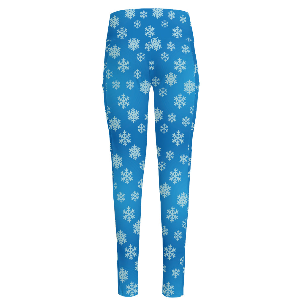 Blue Snowflake Pattern Print High-Waisted Pocket Leggings