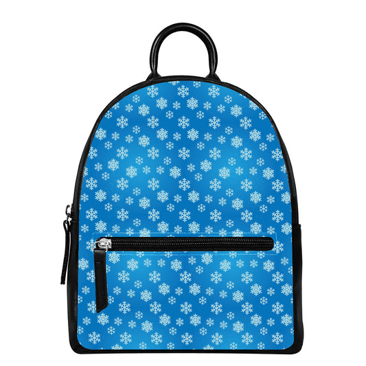Blue Snowflake Pattern Print Leather Backpack