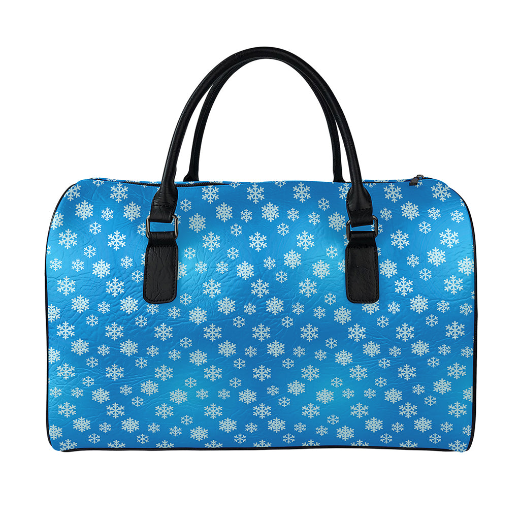 Blue Snowflake Pattern Print Leather Duffle Bag