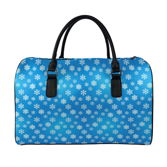 Blue Snowflake Pattern Print Leather Duffle Bag