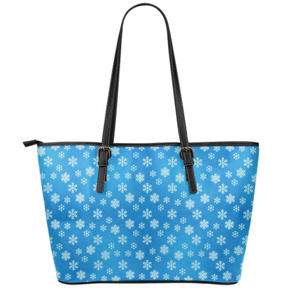 Blue Snowflake Pattern Print Leather Tote Bag