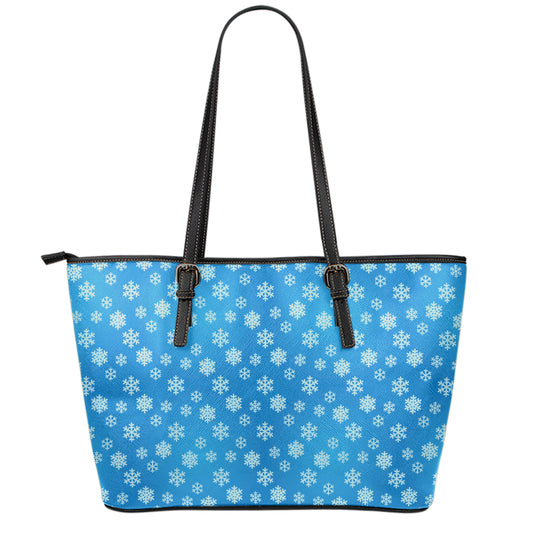 Blue Snowflake Pattern Print Leather Tote Bag