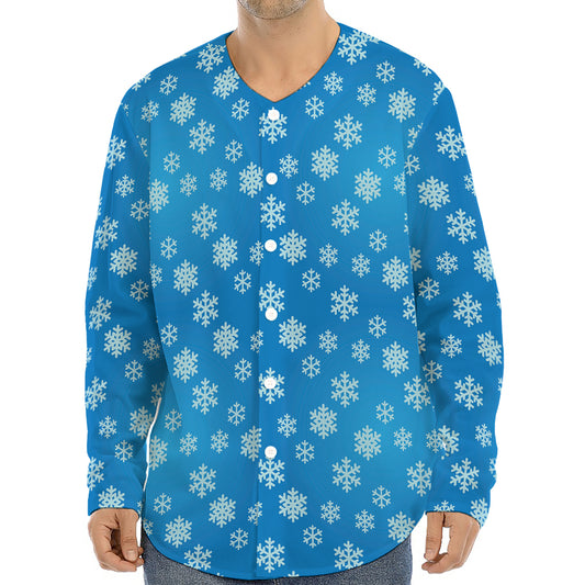 Blue Snowflake Pattern Print Long Sleeve Baseball Jersey