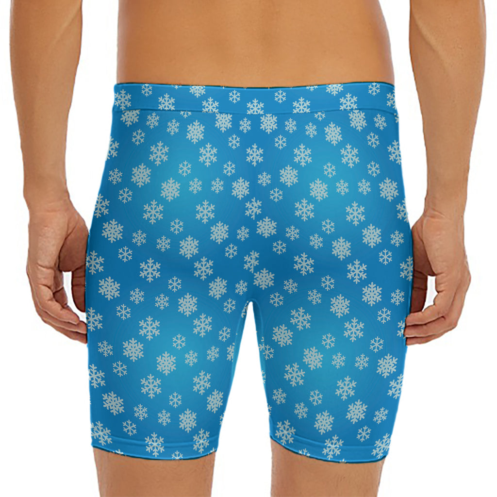 Blue Snowflake Pattern Print Men's Long Boxer Briefs