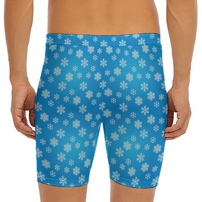 Blue Snowflake Pattern Print Men's Long Boxer Briefs