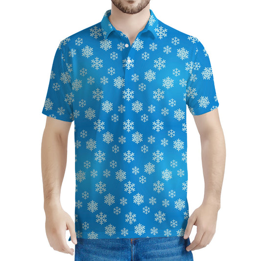 Blue Snowflake Pattern Print Men's Polo Shirt