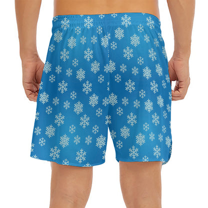 Blue Snowflake Pattern Print Men's Split Running Shorts