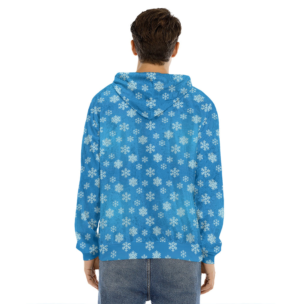 Blue Snowflake Pattern Print Men's Velvet Pullover Hoodie
