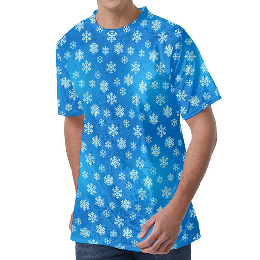 Blue Snowflake Pattern Print Men's Velvet T-Shirt