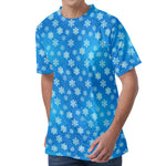 Blue Snowflake Pattern Print Men's Velvet T-Shirt