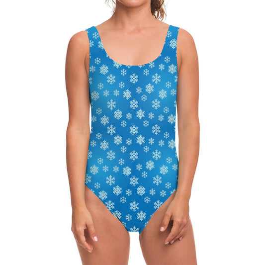 Blue Snowflake Pattern Print One Piece Swimsuit