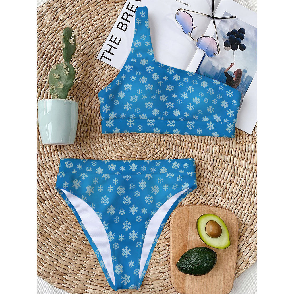 Blue Snowflake Pattern Print One Shoulder Bikini Top
