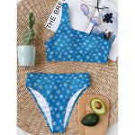 Blue Snowflake Pattern Print One Shoulder Bikini Top
