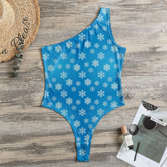 Blue Snowflake Pattern Print One Shoulder Bodysuit