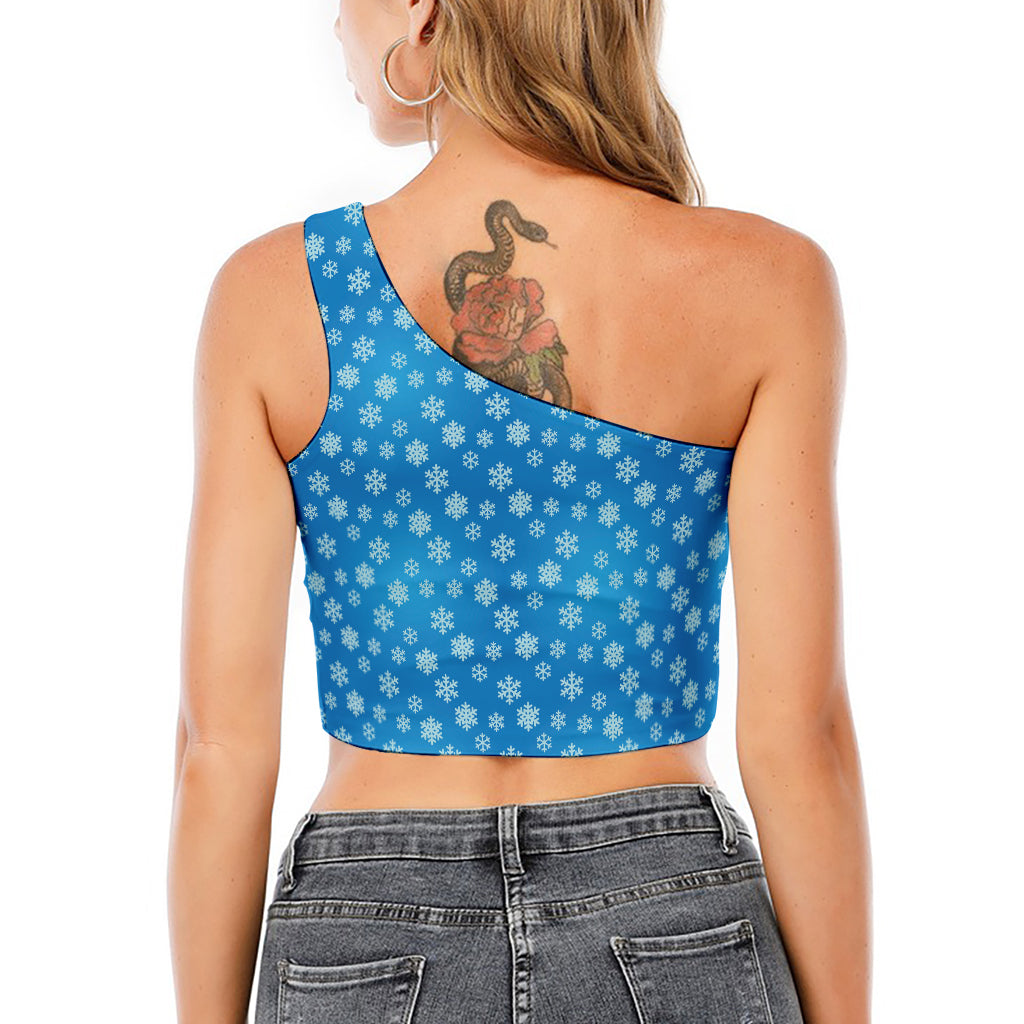 Blue Snowflake Pattern Print One Shoulder Crop Top