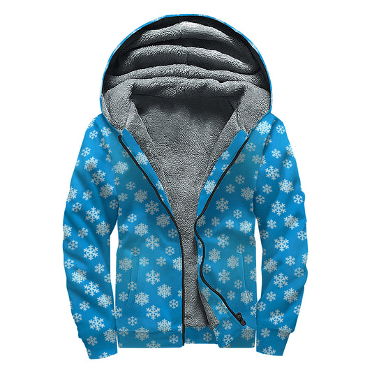 Blue Snowflake Pattern Print Sherpa Lined Zip Up Hoodie
