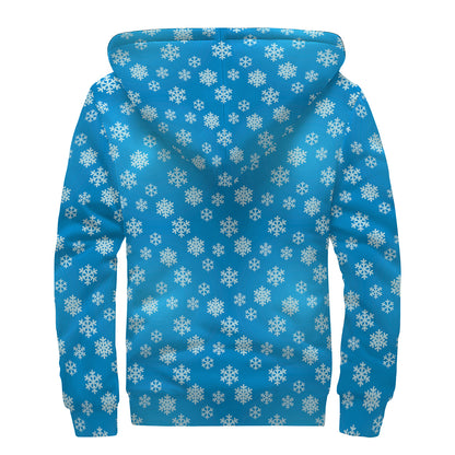 Blue Snowflake Pattern Print Sherpa Lined Zip Up Hoodie