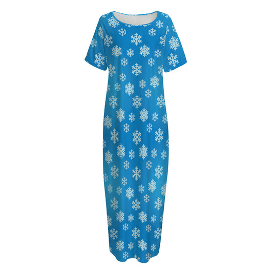 Blue Snowflake Pattern Print Short Sleeve Long Nightdress
