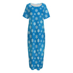 Blue Snowflake Pattern Print Short Sleeve Long Nightdress