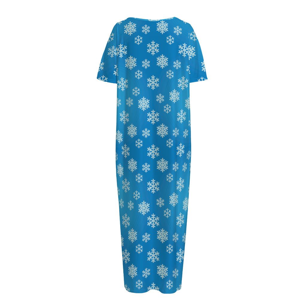Blue Snowflake Pattern Print Short Sleeve Long Nightdress