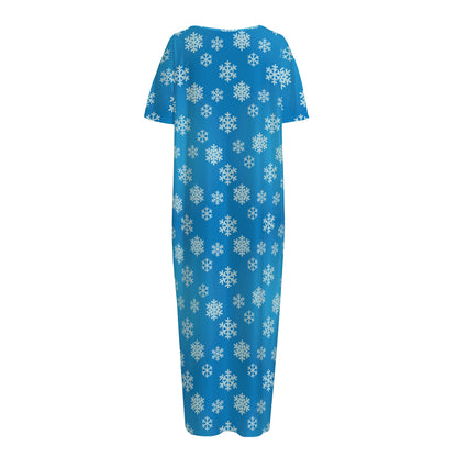 Blue Snowflake Pattern Print Short Sleeve Long Nightdress
