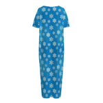 Blue Snowflake Pattern Print Short Sleeve Long Nightdress