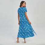 Blue Snowflake Pattern Print Short Sleeve Maxi Dress