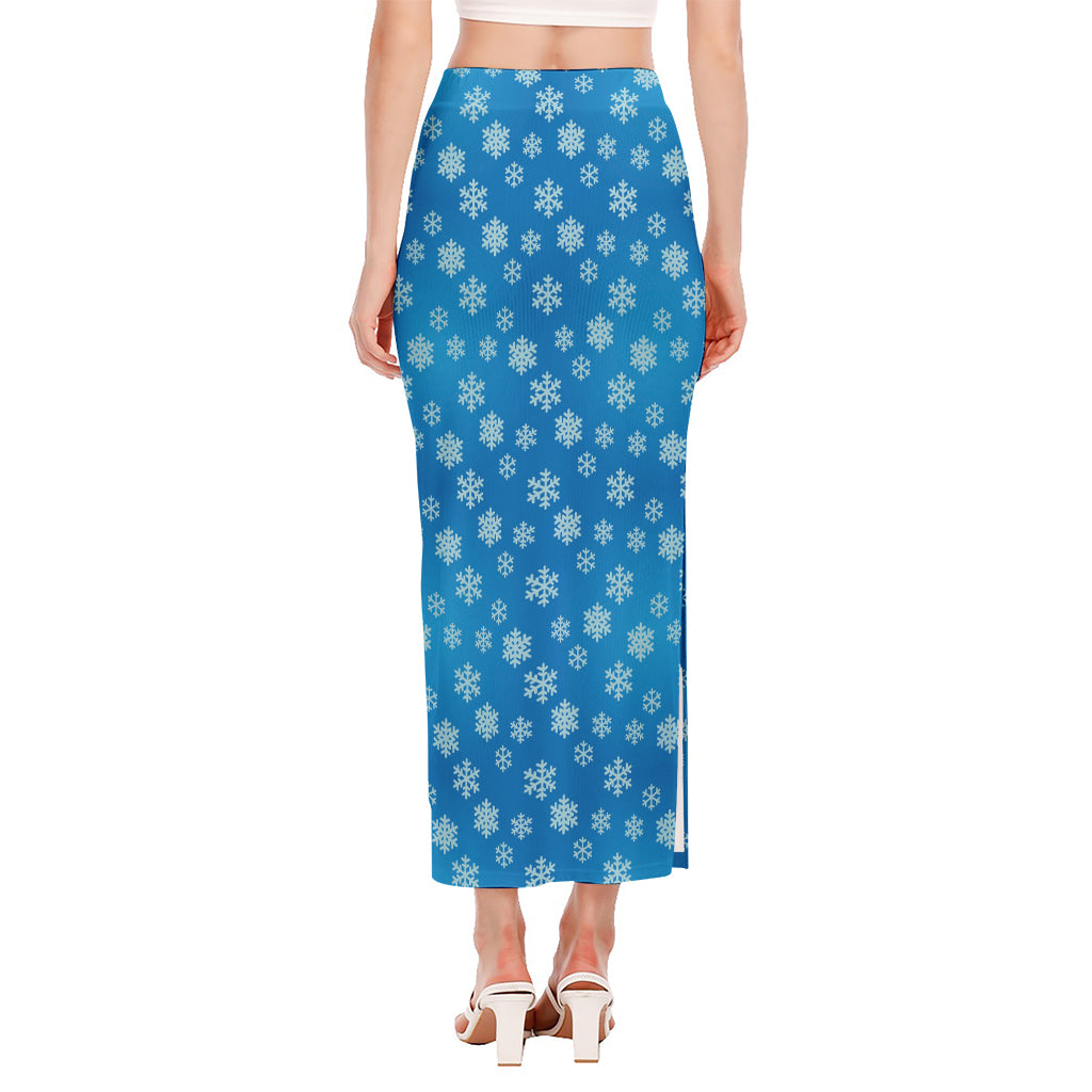 Blue Snowflake Pattern Print Side Slit Maxi Skirt