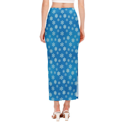 Blue Snowflake Pattern Print Side Slit Maxi Skirt