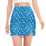 Blue Snowflake Pattern Print Side Slit Mini Skirt