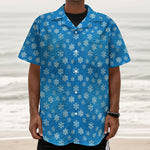 Blue Snowflake Pattern Print Textured Short Sleeve Shirt