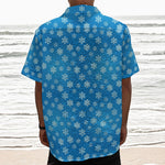 Blue Snowflake Pattern Print Textured Short Sleeve Shirt