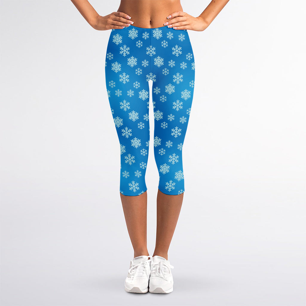 Blue Snowflake Pattern Print Women's Capri Leggings