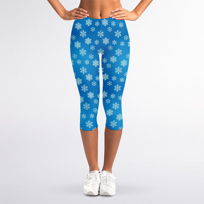 Blue Snowflake Pattern Print Women's Capri Leggings