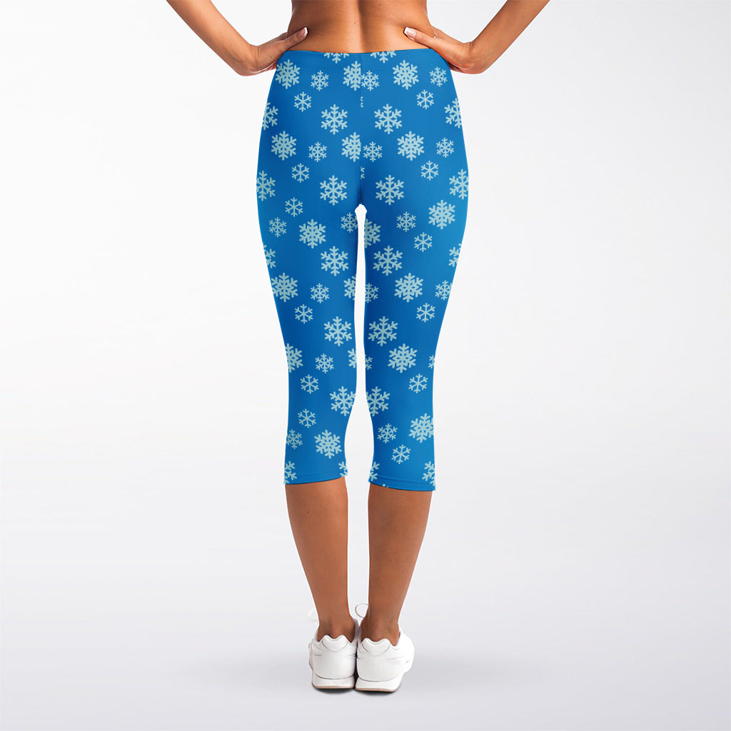Blue Snowflake Pattern Print Women's Capri Leggings