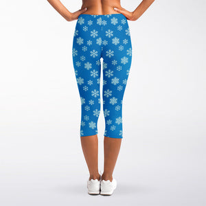 Blue Snowflake Pattern Print Women's Capri Leggings