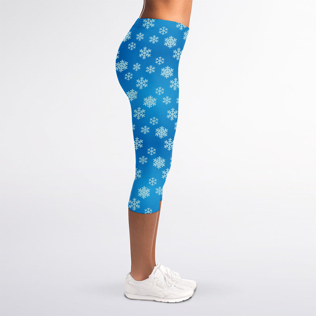 Blue Snowflake Pattern Print Women's Capri Leggings