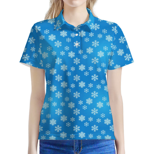 Blue Snowflake Pattern Print Women's Polo Shirt