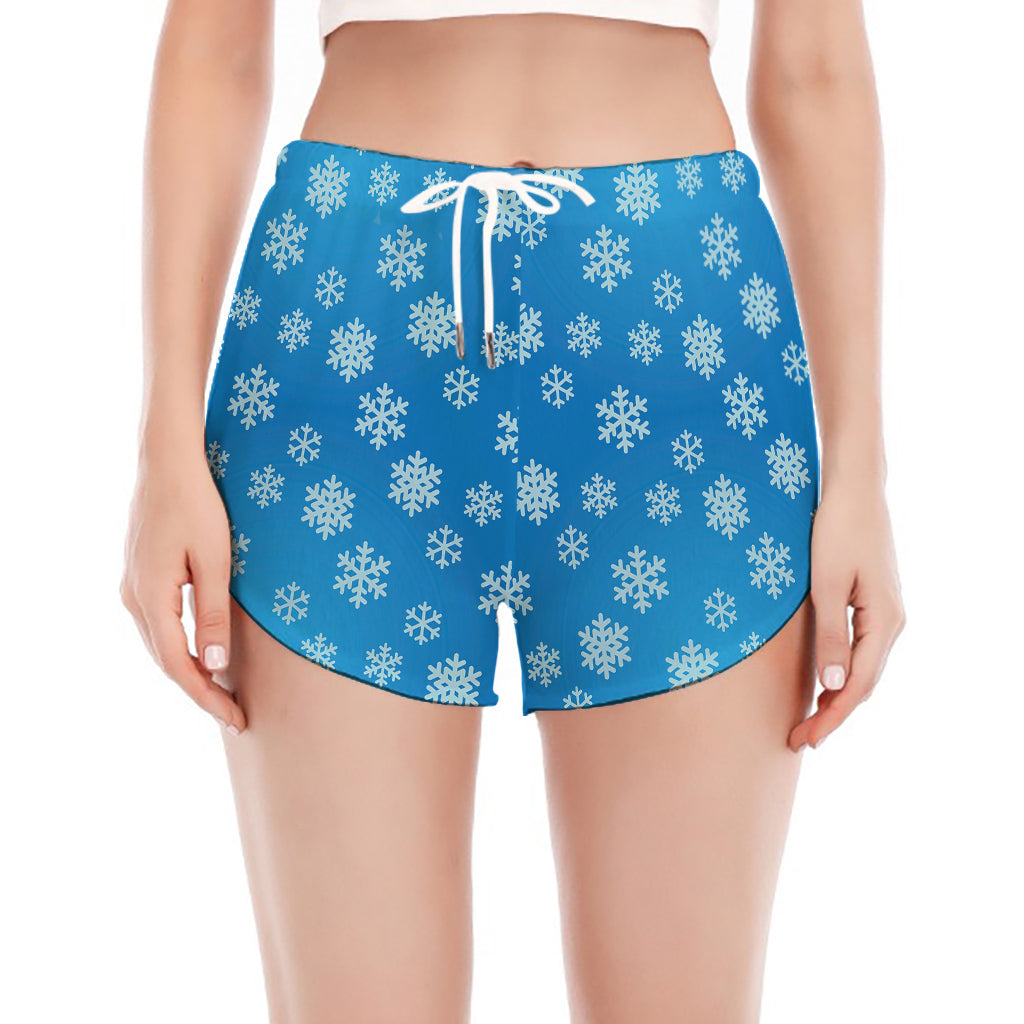 Blue Snowflake Pattern Print Women's Split Running Shorts