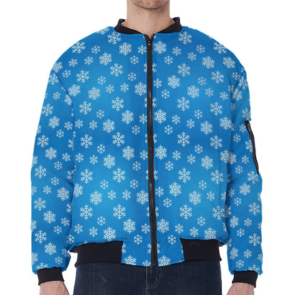 Blue Snowflake Pattern Print Zip Sleeve Bomber Jacket