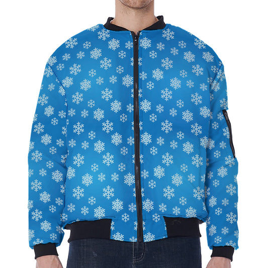 Blue Snowflake Pattern Print Zip Sleeve Bomber Jacket