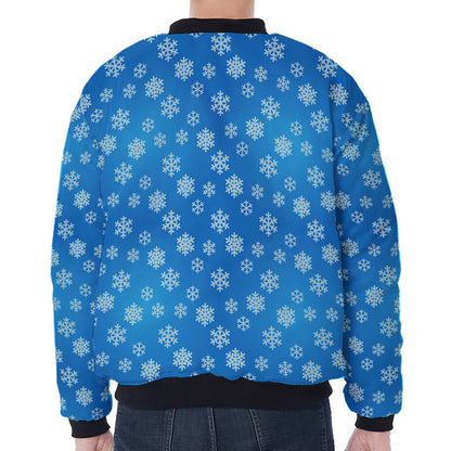 Blue Snowflake Pattern Print Zip Sleeve Bomber Jacket