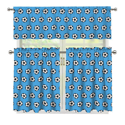 Blue Soccer Ball Pattern Print 3 Piece Kitchen Curtains