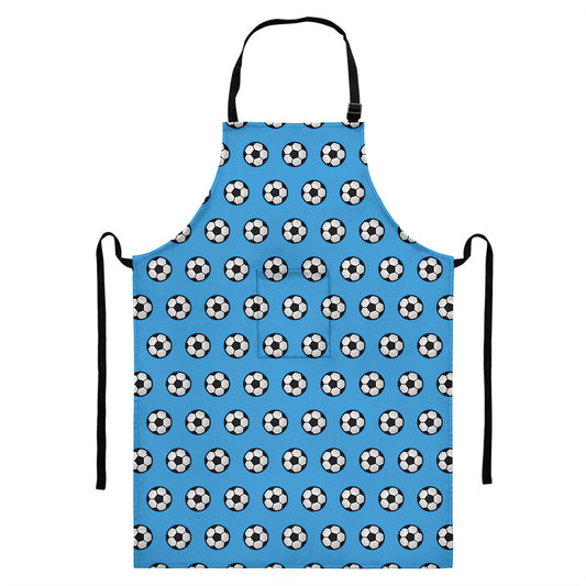 Blue Soccer Ball Pattern Print Bib Apron With Pocket