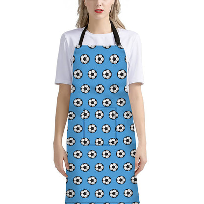 Blue Soccer Ball Pattern Print Bib Apron With Pocket