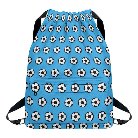 Blue Soccer Ball Pattern Print Drawstring Backpack