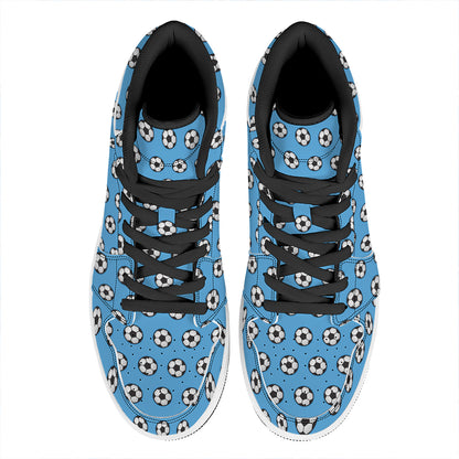 Blue Soccer Ball Pattern Print High Top Leather Sneakers