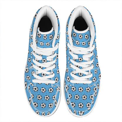 Blue Soccer Ball Pattern Print High Top Leather Sneakers