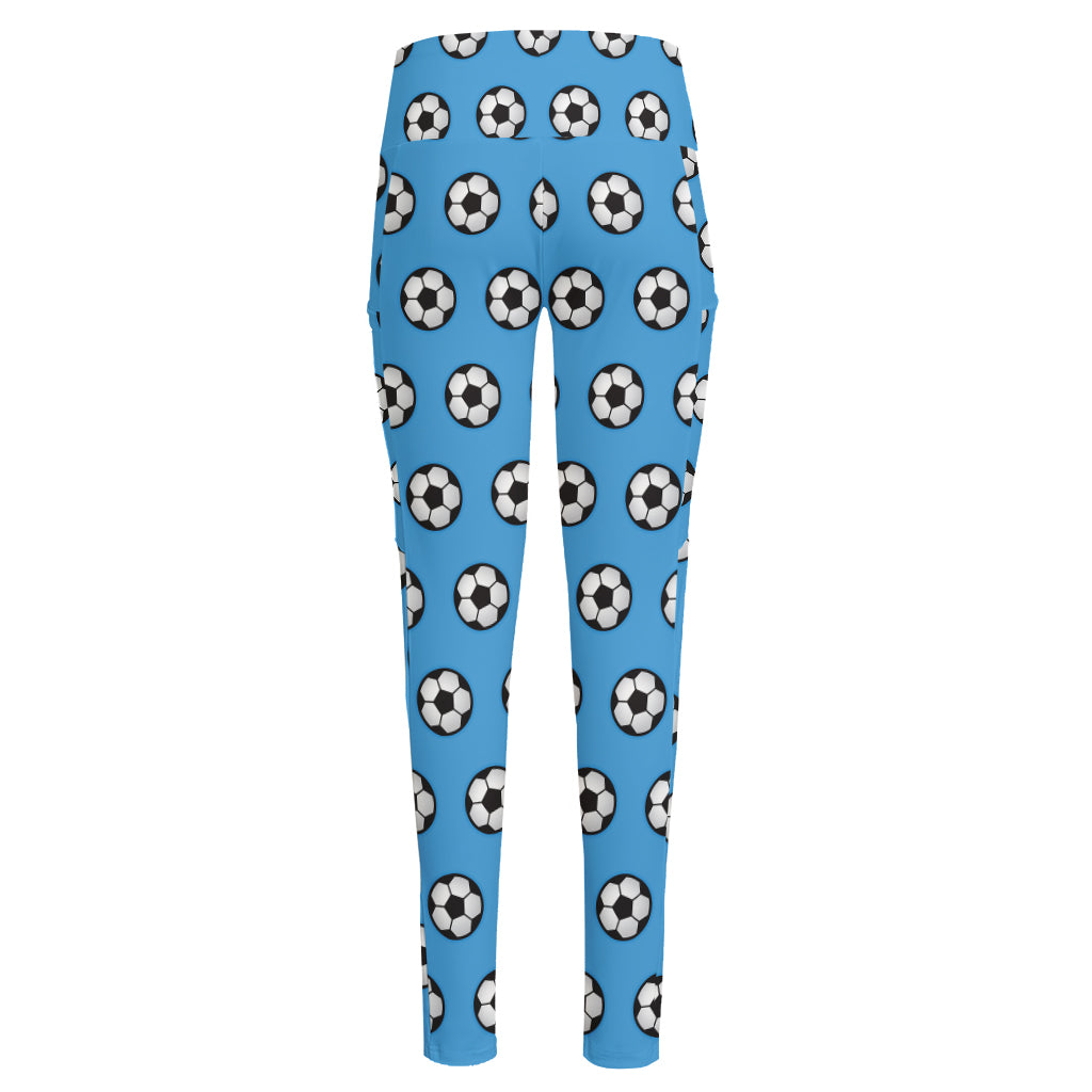 Blue Soccer Ball Pattern Print High-Waisted Pocket Leggings