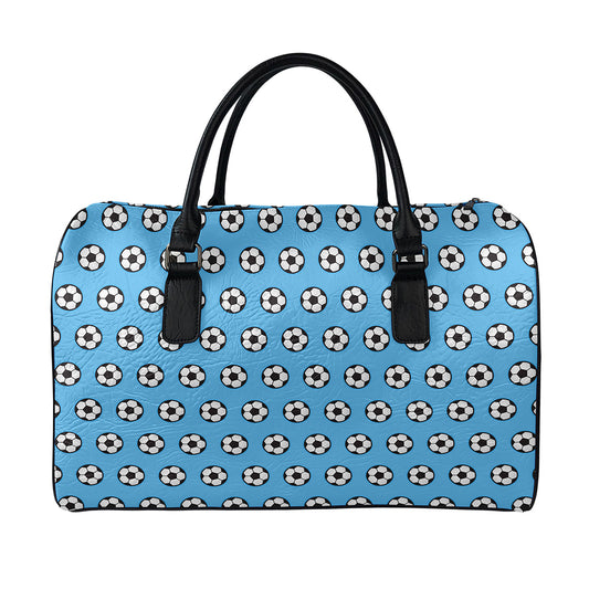 Blue Soccer Ball Pattern Print Leather Duffle Bag
